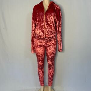 Fabletics Red Crushed Velour Set W Jacket L Pants XL Luxe Lounge Y2K Glam NWT